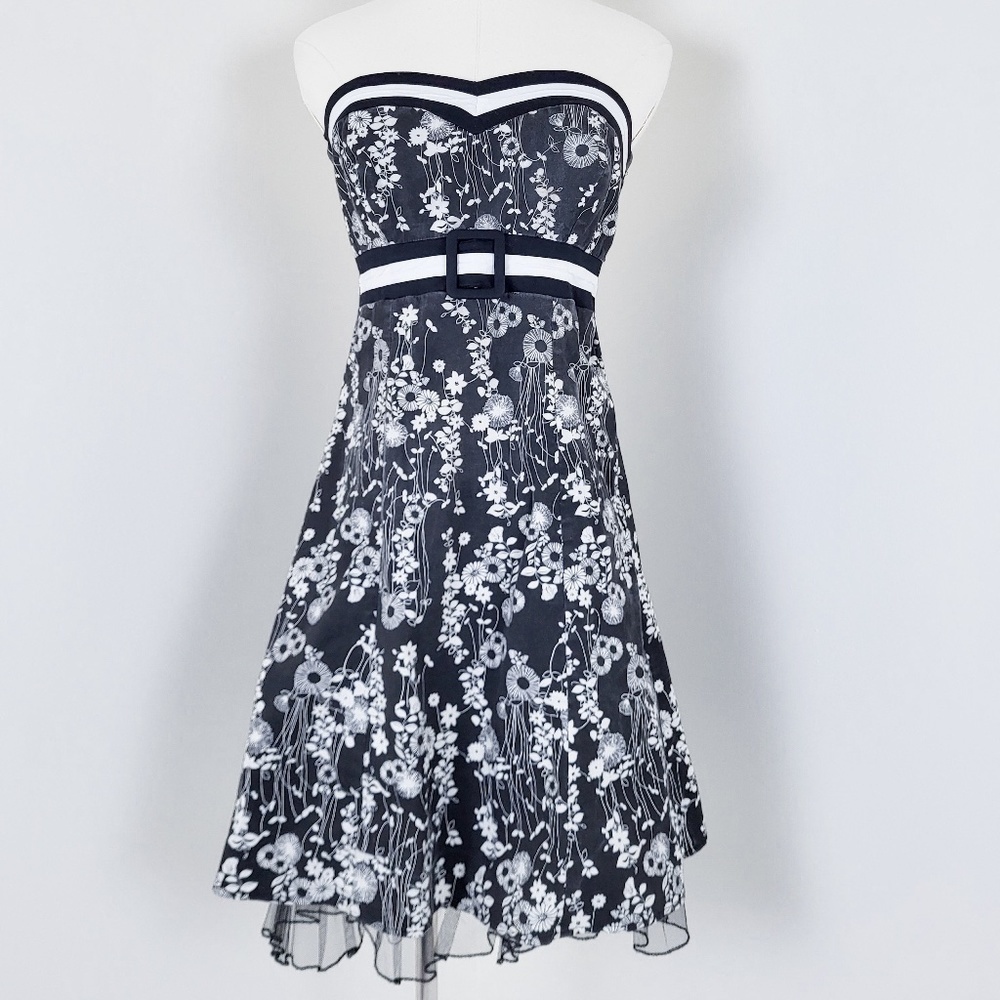 Y2K Floral Mini Strapless Babydoll Dress Petticoat Formal Size Small Black White - Picture 15 of 16